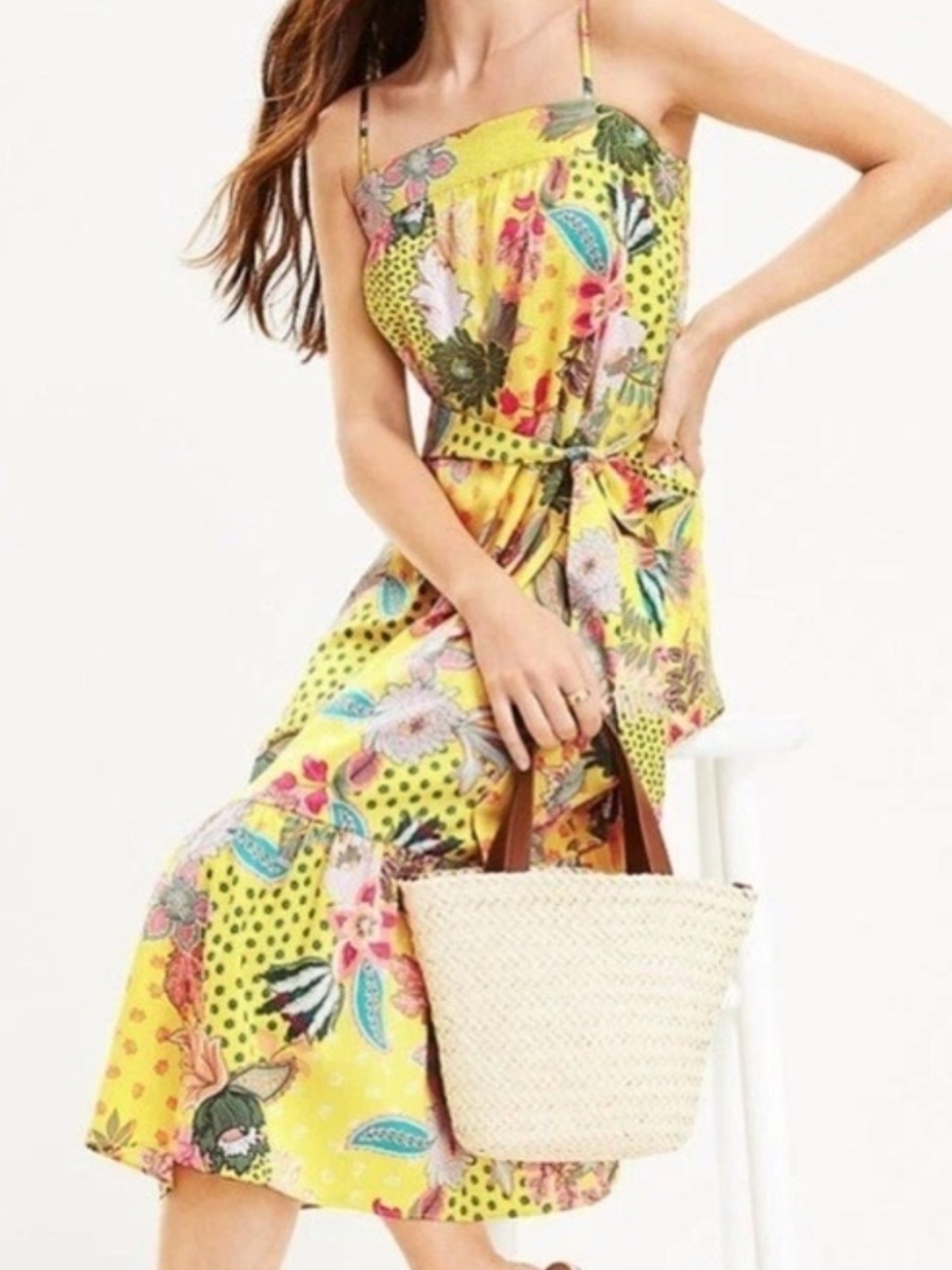 🌼B2G1🌼 LOFT Yellow Floral & Polka Dot Midi Dress NWT